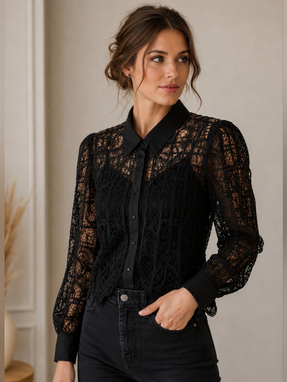 ZARA Black lace buttoned blouse XL